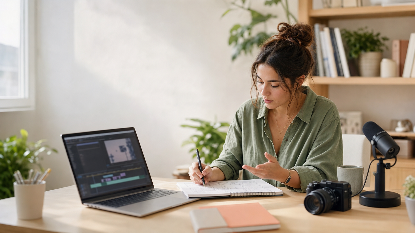 Content creator planning a video series at a desk